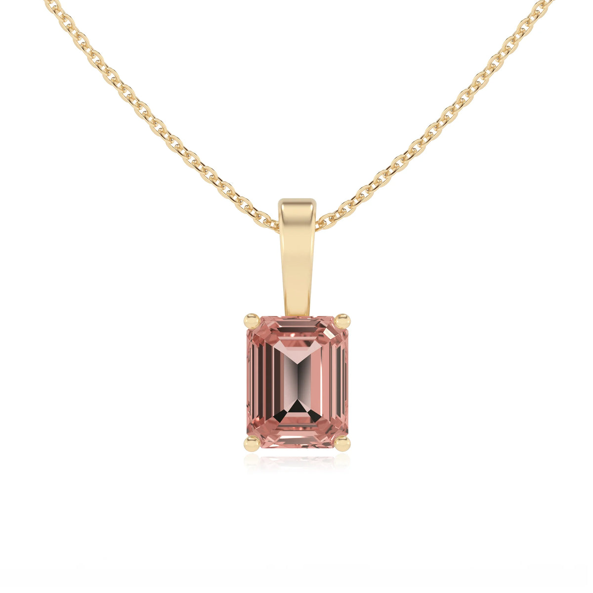 lab grown morganite emerald cut solitaire necklaces in yellow gold 