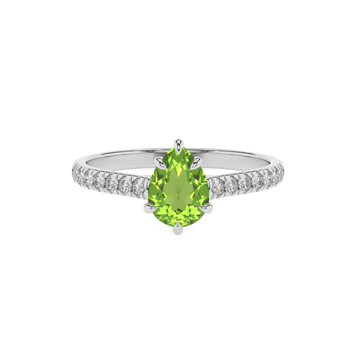natural peridot pear half eternity solitaire engagement rings in platinum 