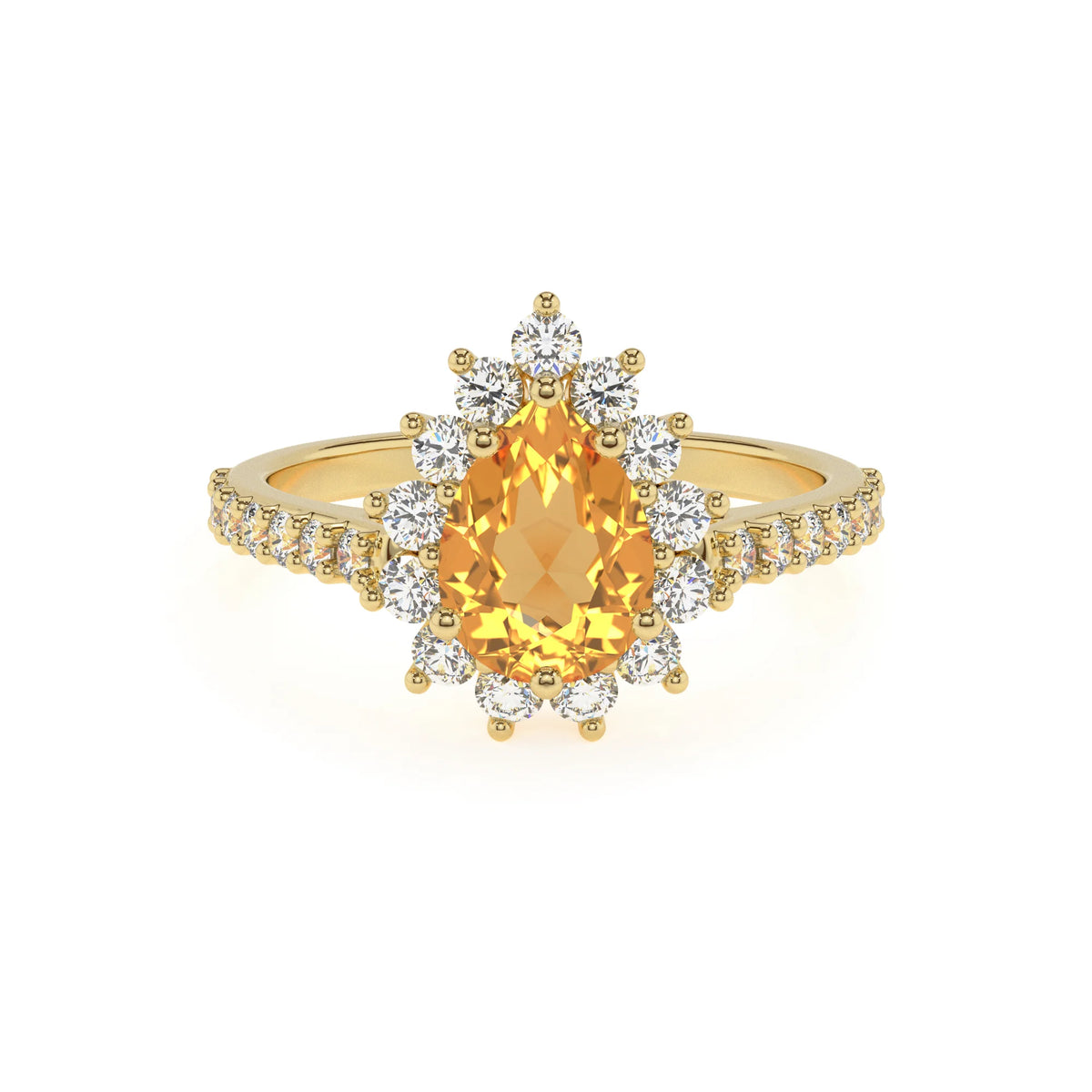lab grown citrine pear solitaire rings in yellow gold 
