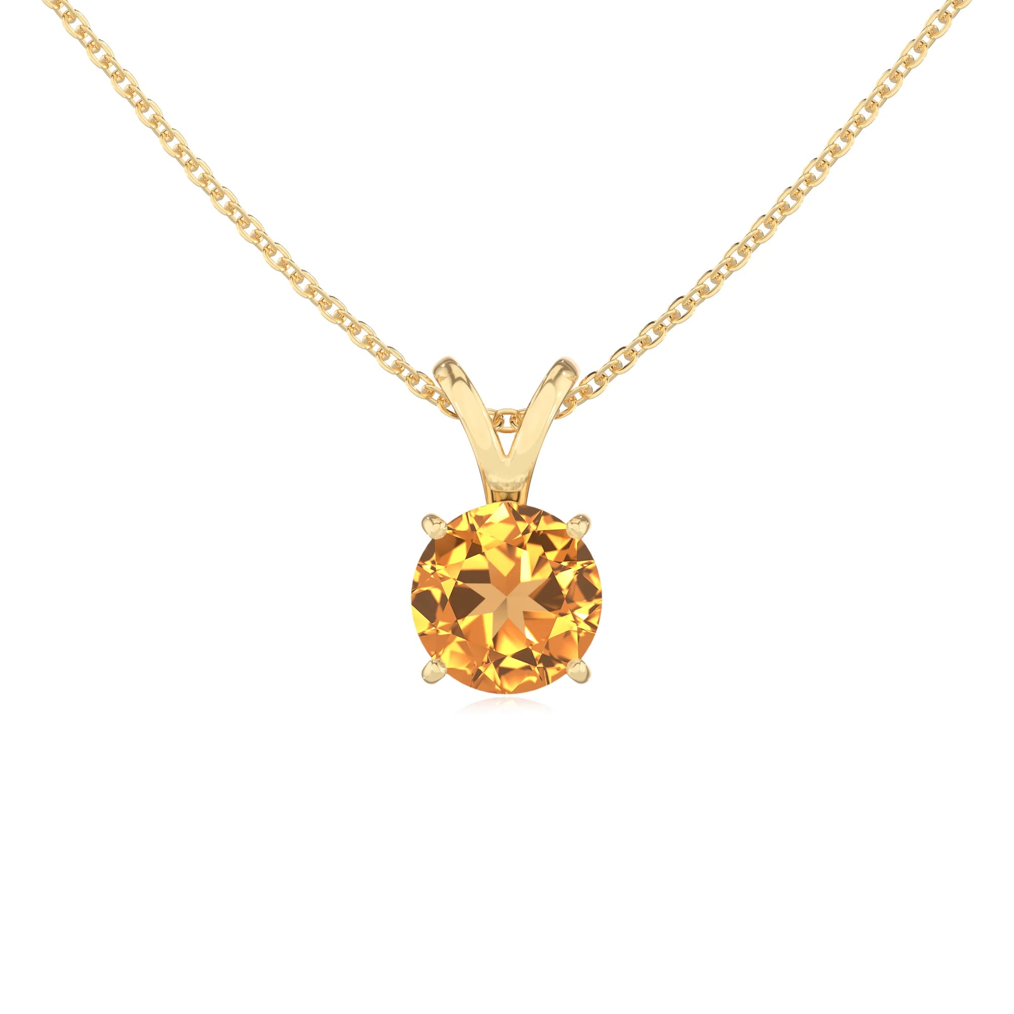 lab grown citrine round solitaire v-bale necklaces in yellow gold 