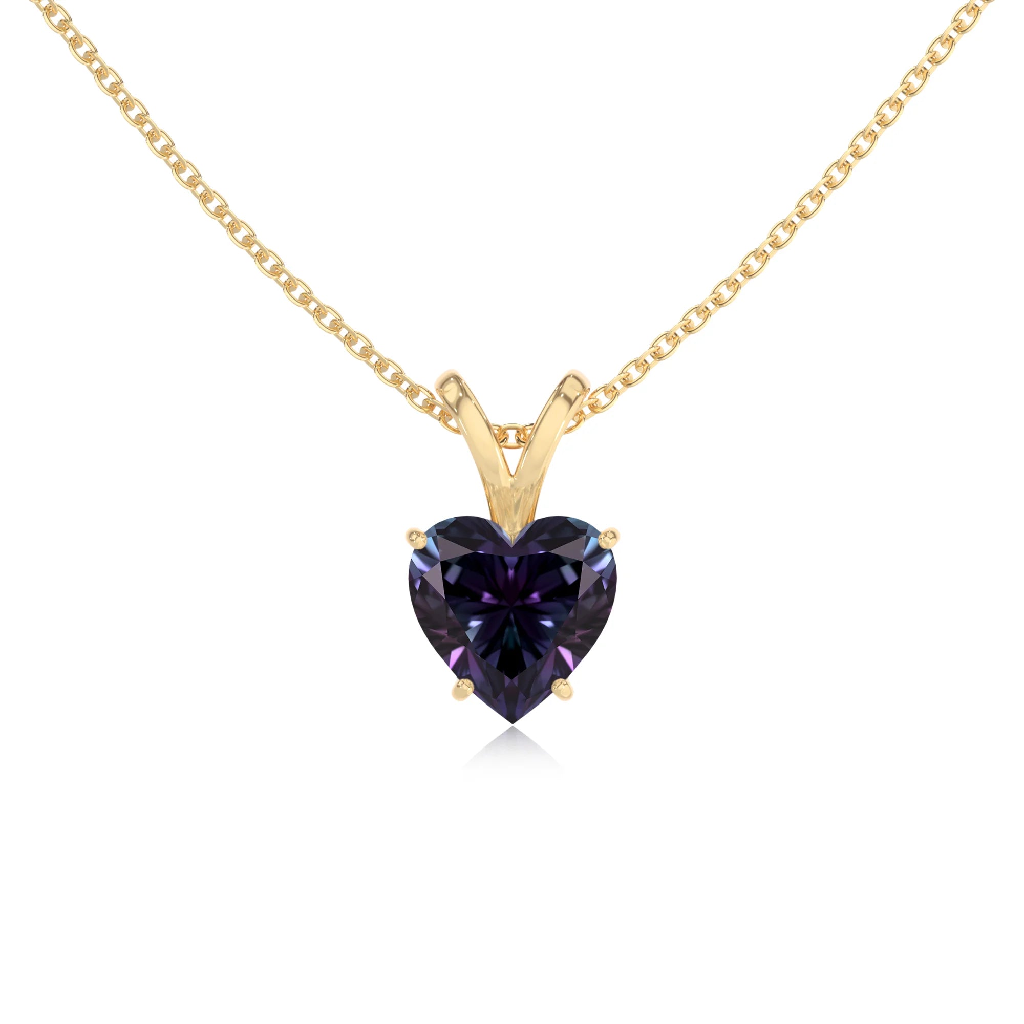 lab grown alexandrite heart solitaire v-bale necklaces in yellow gold 