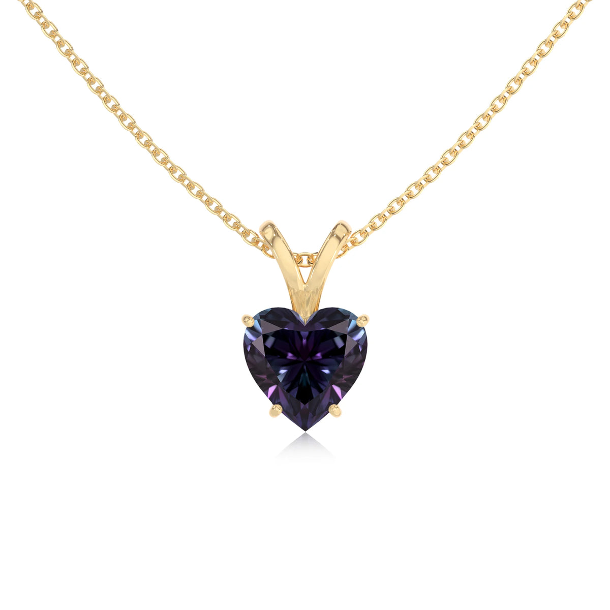 lab grown alexandrite heart solitaire v-bale necklaces in yellow gold 