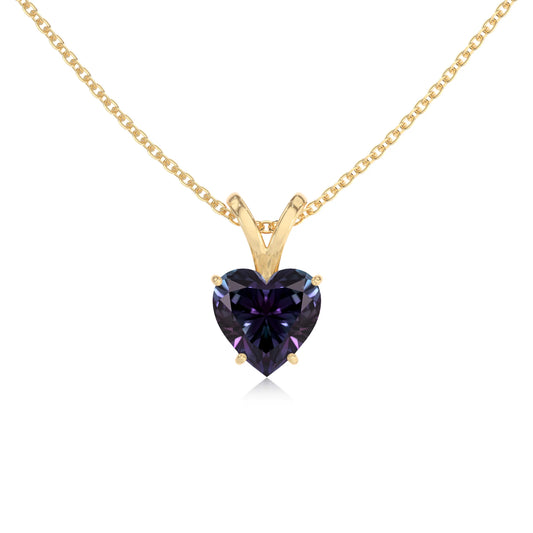 lab grown alexandrite heart solitaire v-bale necklaces in yellow gold 