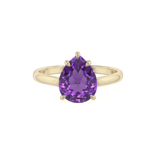 lab grown amethyst pear solitaire rings in yellow gold 