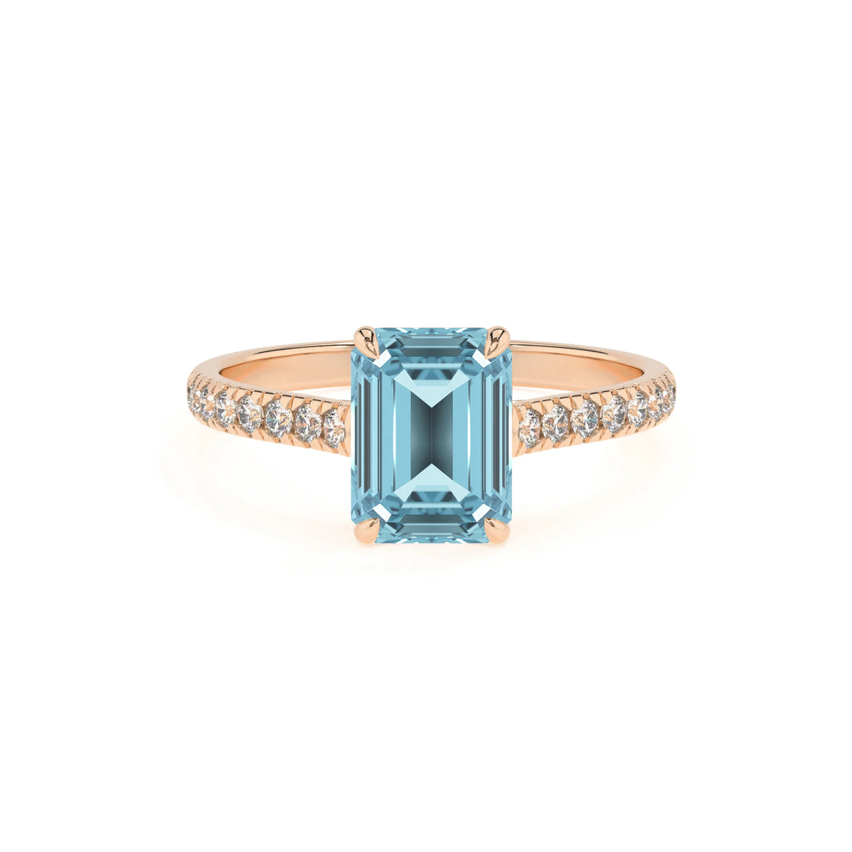 lab grown aquamarine emerald cut half eternity solitaire engagement rings in rose gold 
