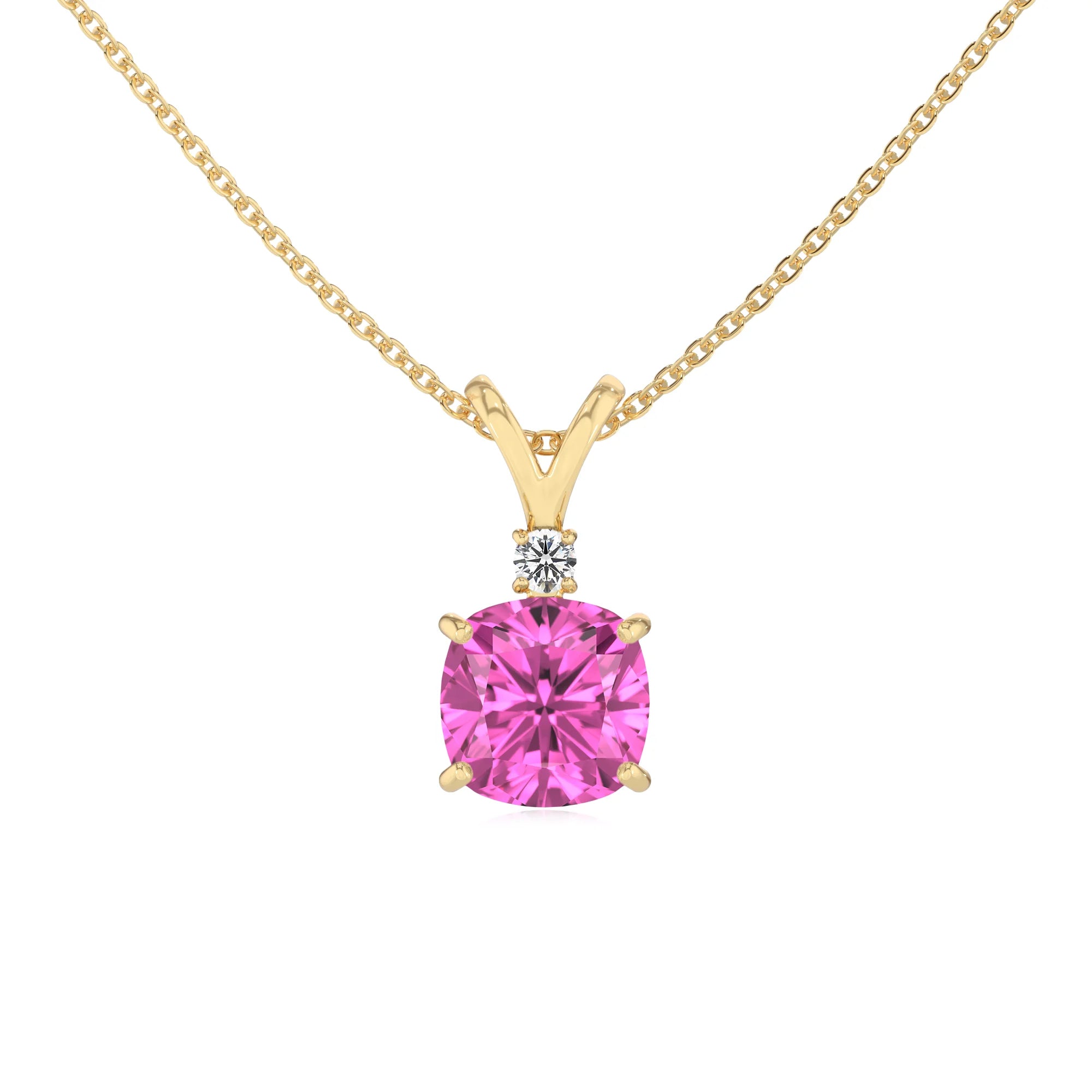 lab grown pink-sapphire cushion solitaire v-bale necklaces in yellow gold 