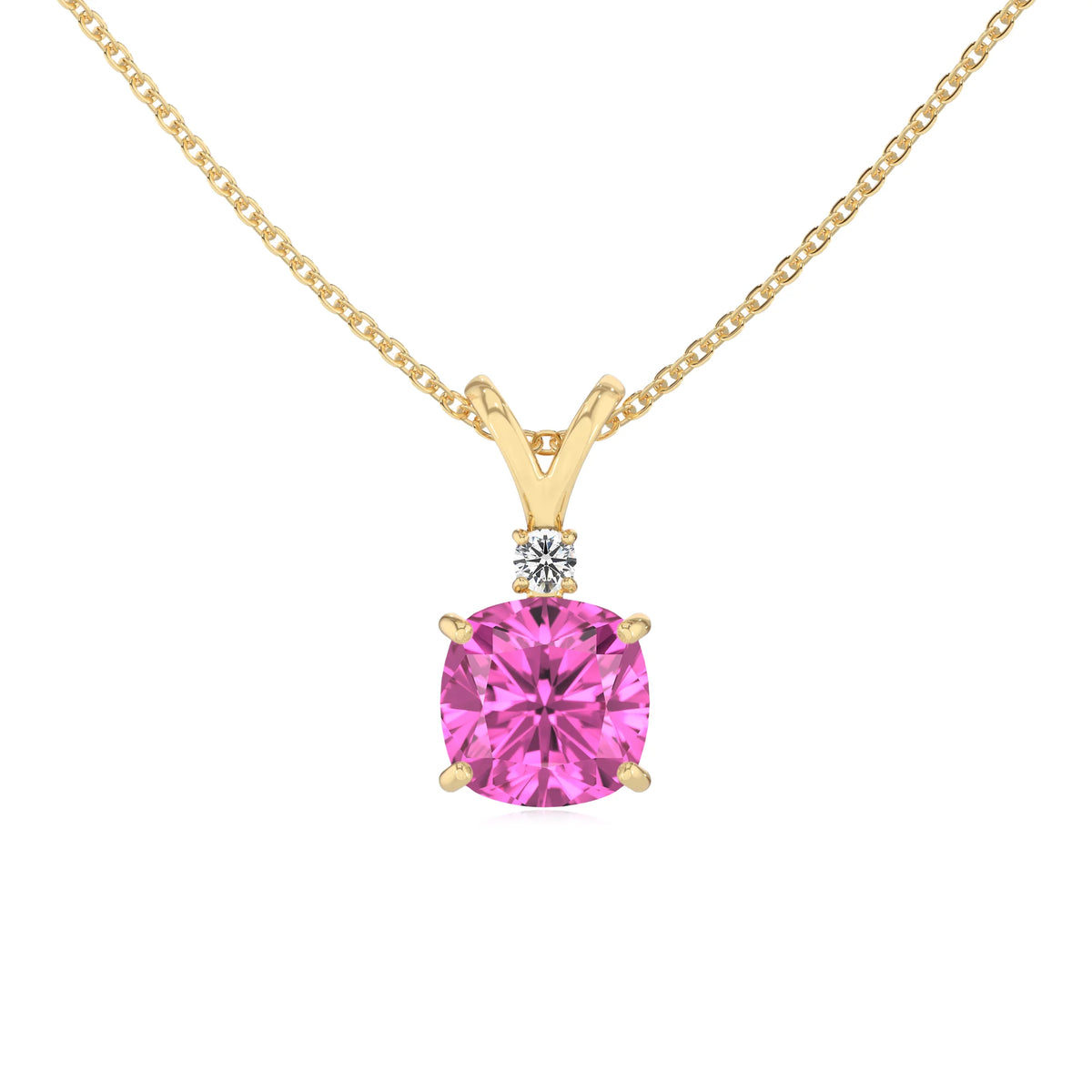 lab grown pink-sapphire cushion solitaire v-bale necklaces in yellow gold 