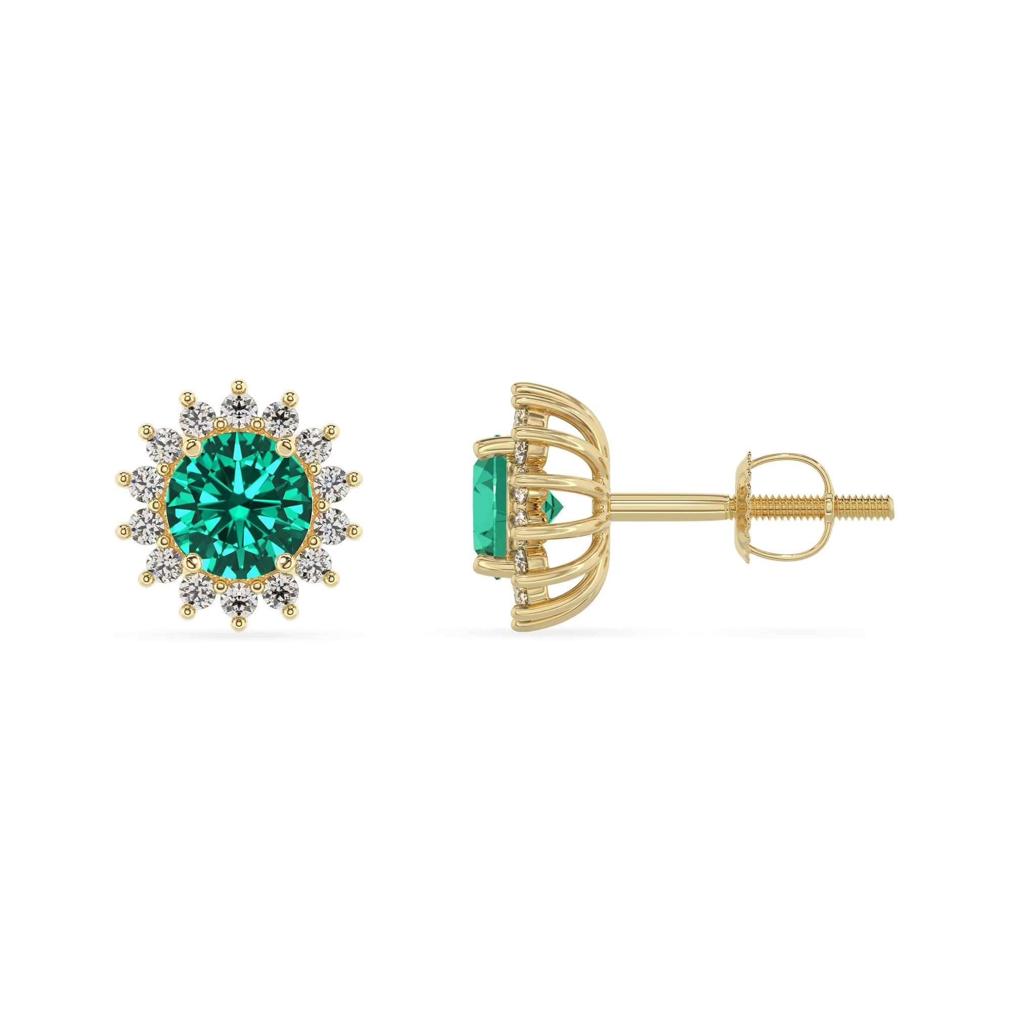lab grown emerald round stud earrings in yellow gold 
