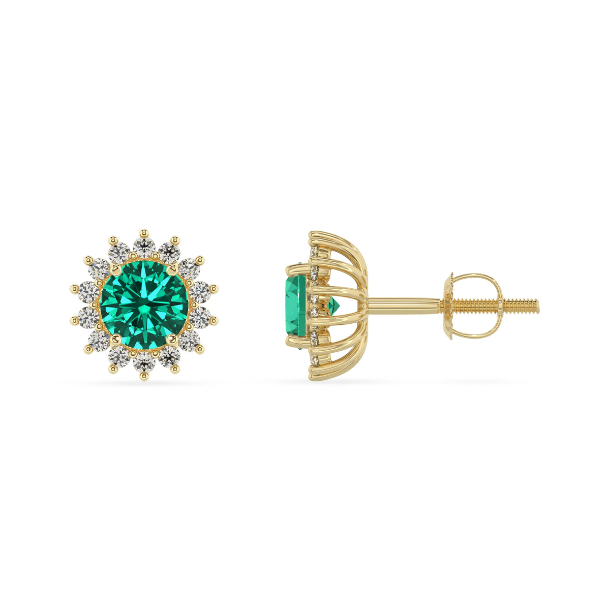 lab grown emerald round stud earrings in yellow gold 