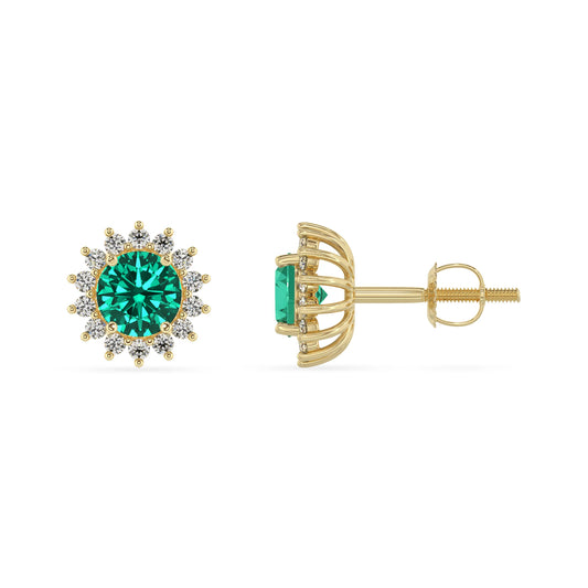 lab grown emerald round stud earrings in yellow gold 