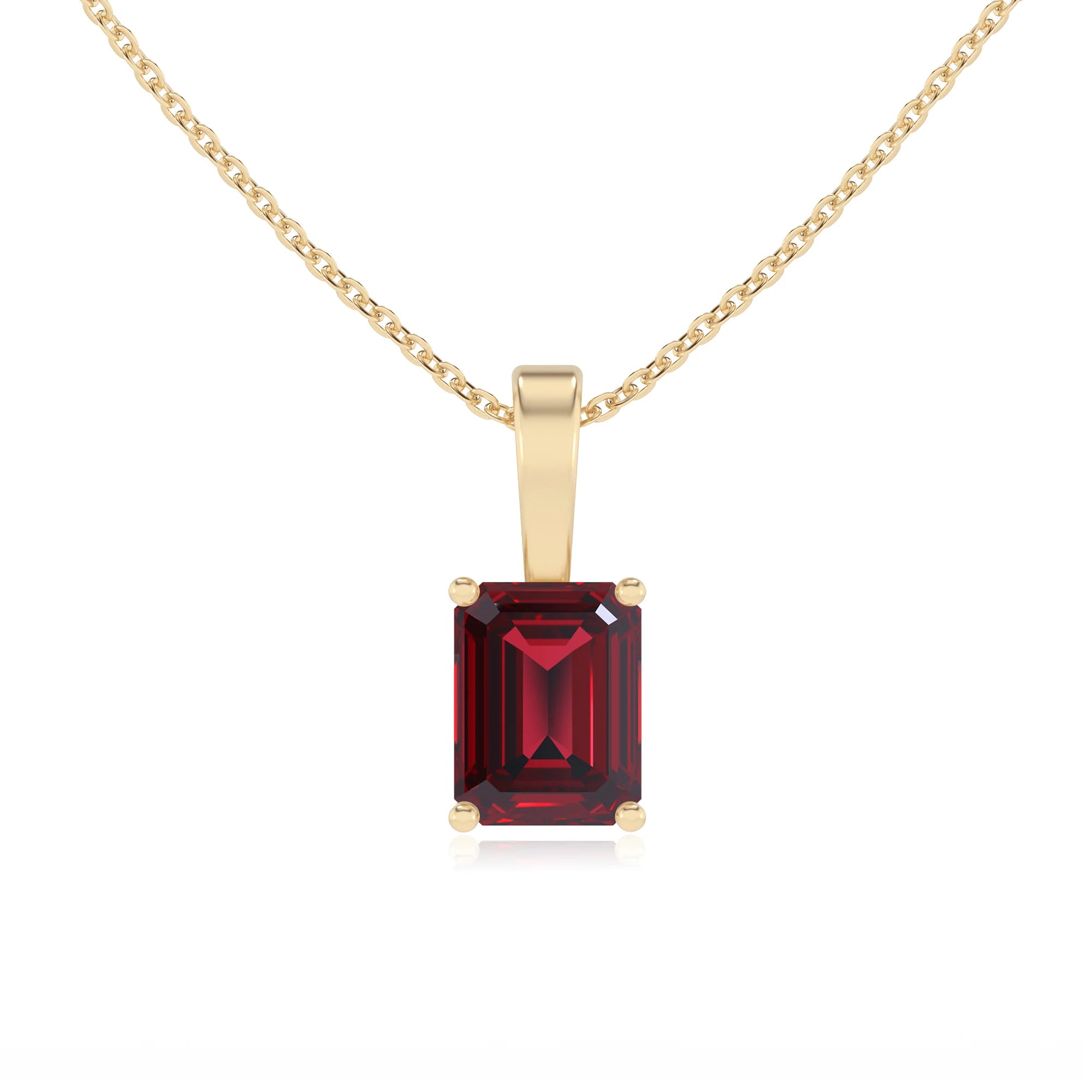lab grown ruby emerald cut solitaire necklaces in yellow gold 