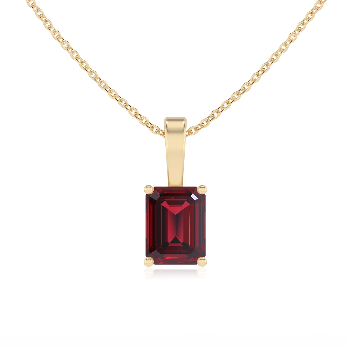 lab grown ruby emerald cut solitaire necklaces in yellow gold 