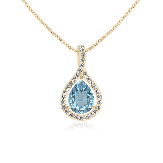 lab grown aquamarine pear solitaire necklaces in yellow gold 
