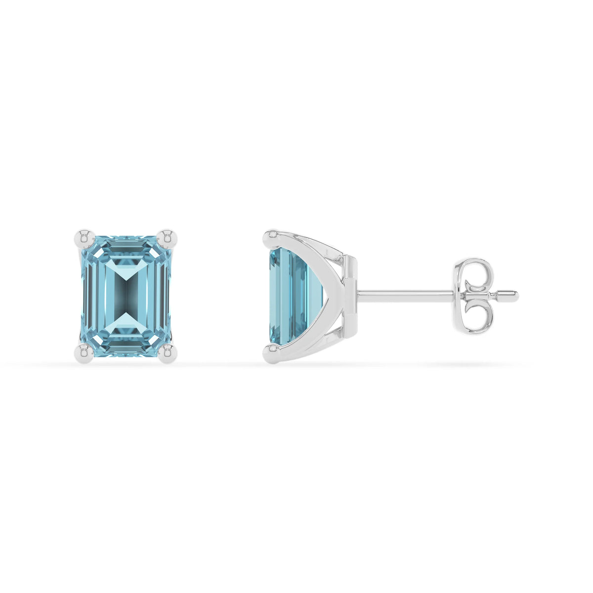 lab grown aquamarine emerald cut stud earrings in sterling silver 