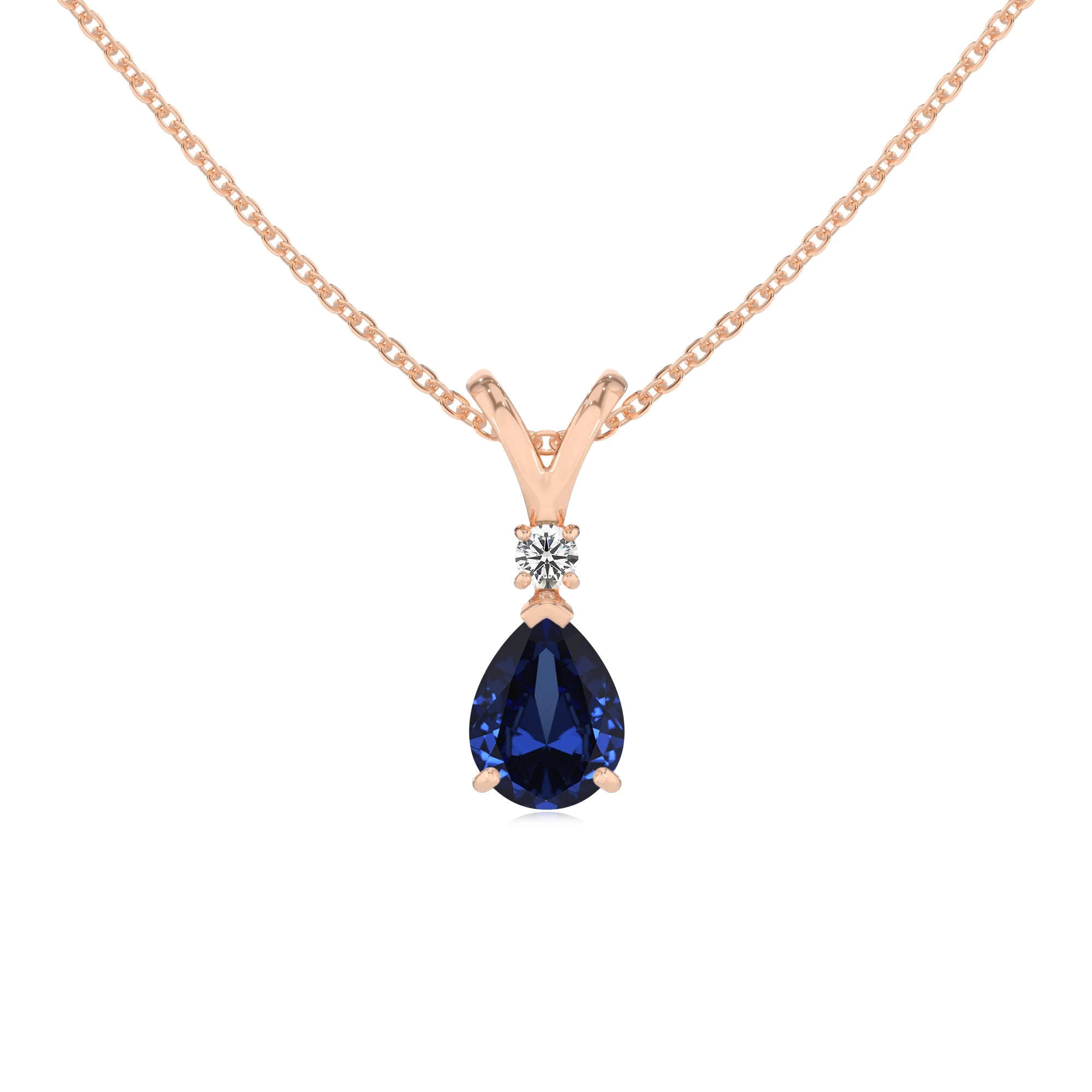 lab grown blue-sapphire pear solitaire v-bale necklaces in rose gold 
