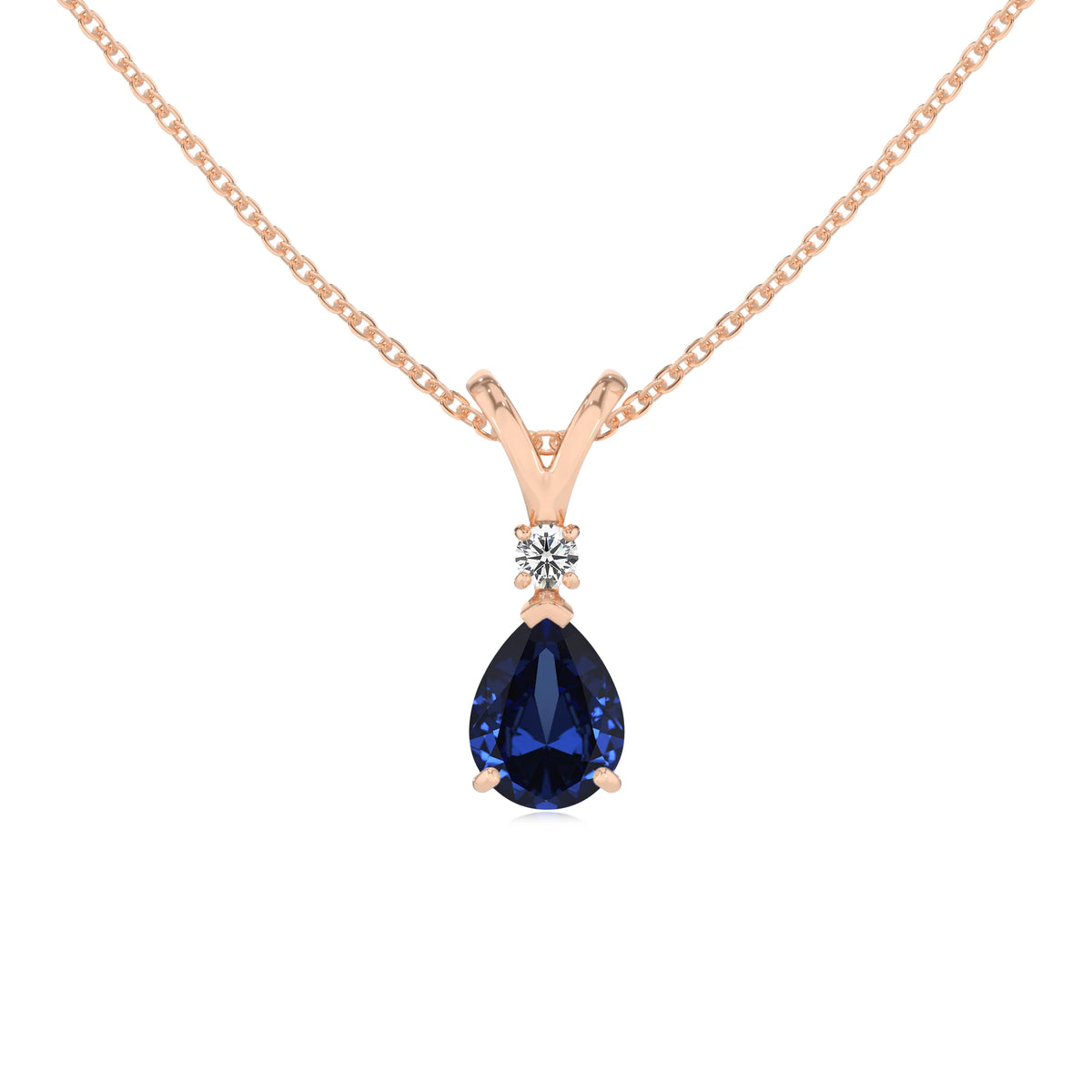 lab grown blue-sapphire pear solitaire v-bale necklaces in rose gold 