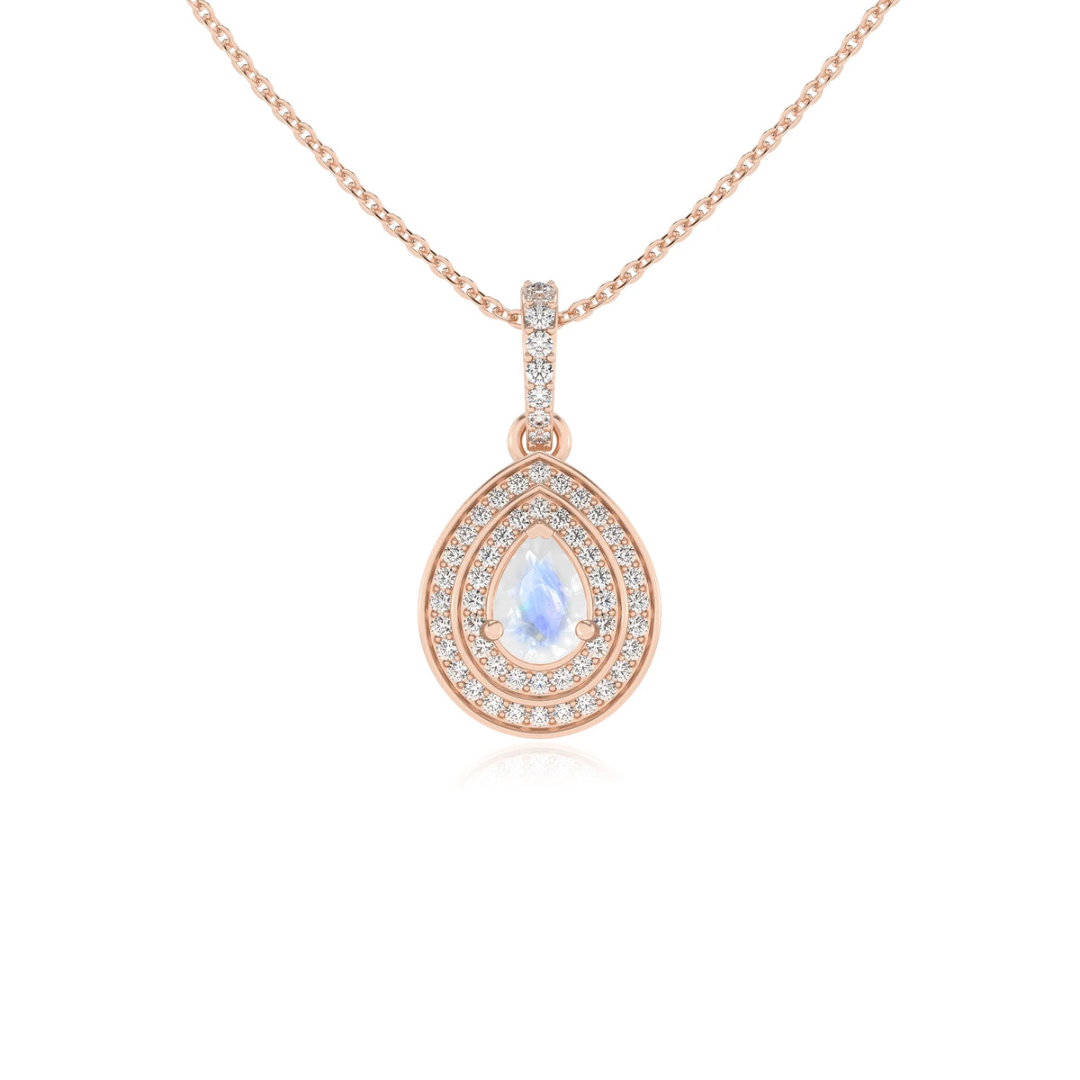 natural rainbow-moonstone pear halo necklaces in rose gold 