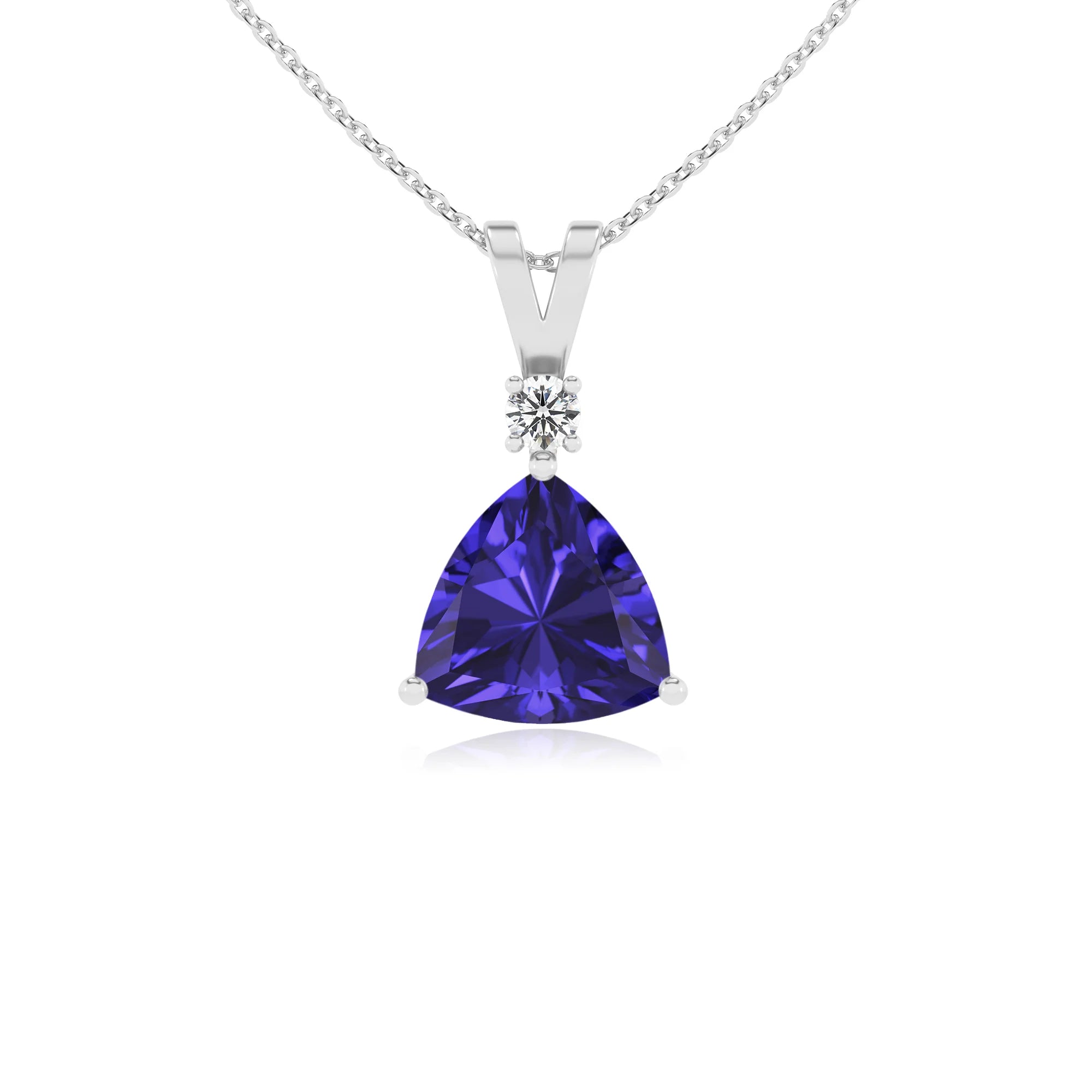 lab grown tanzanite trillion solitaire v-bale necklaces in platinum 