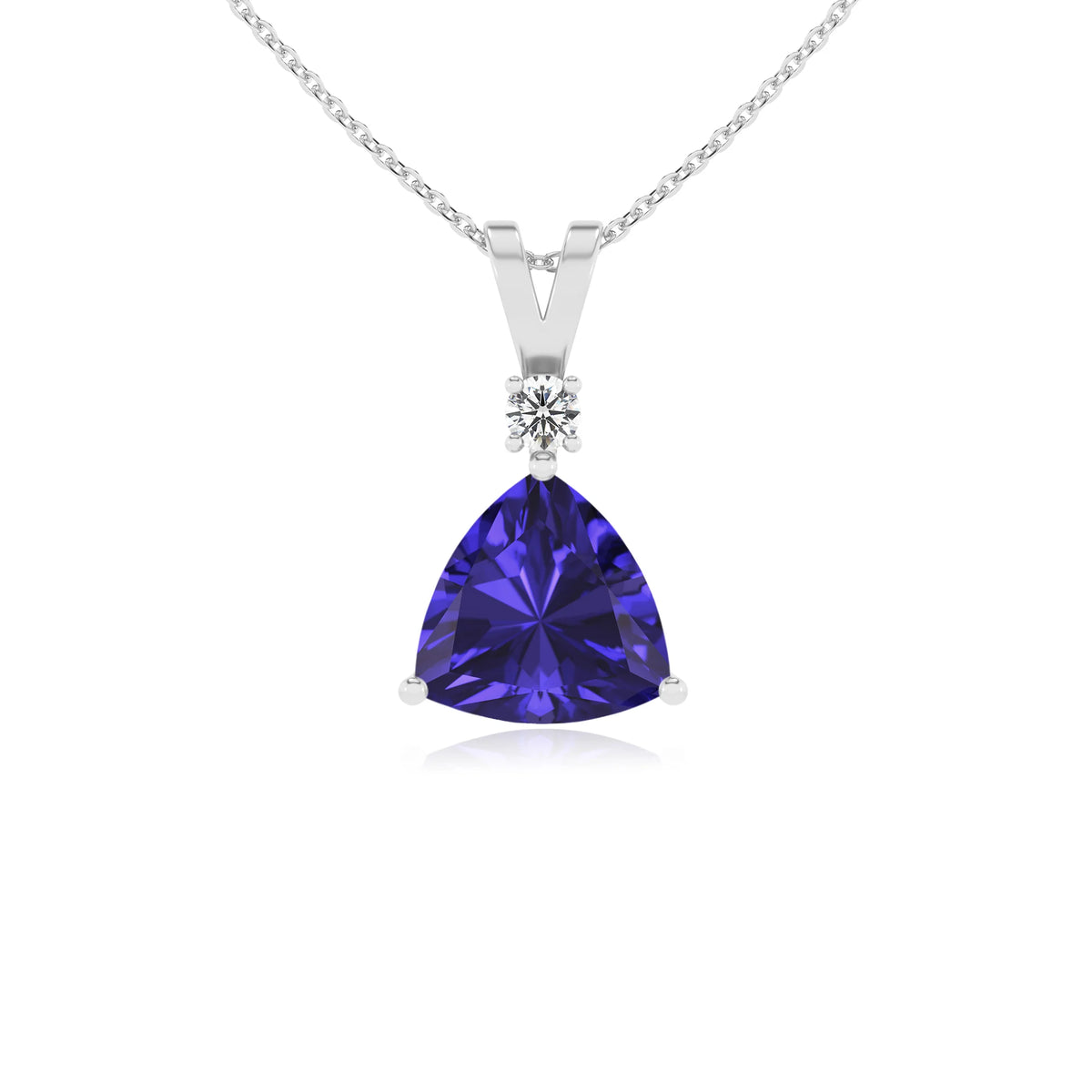 lab grown tanzanite trillion solitaire v-bale necklaces in platinum 