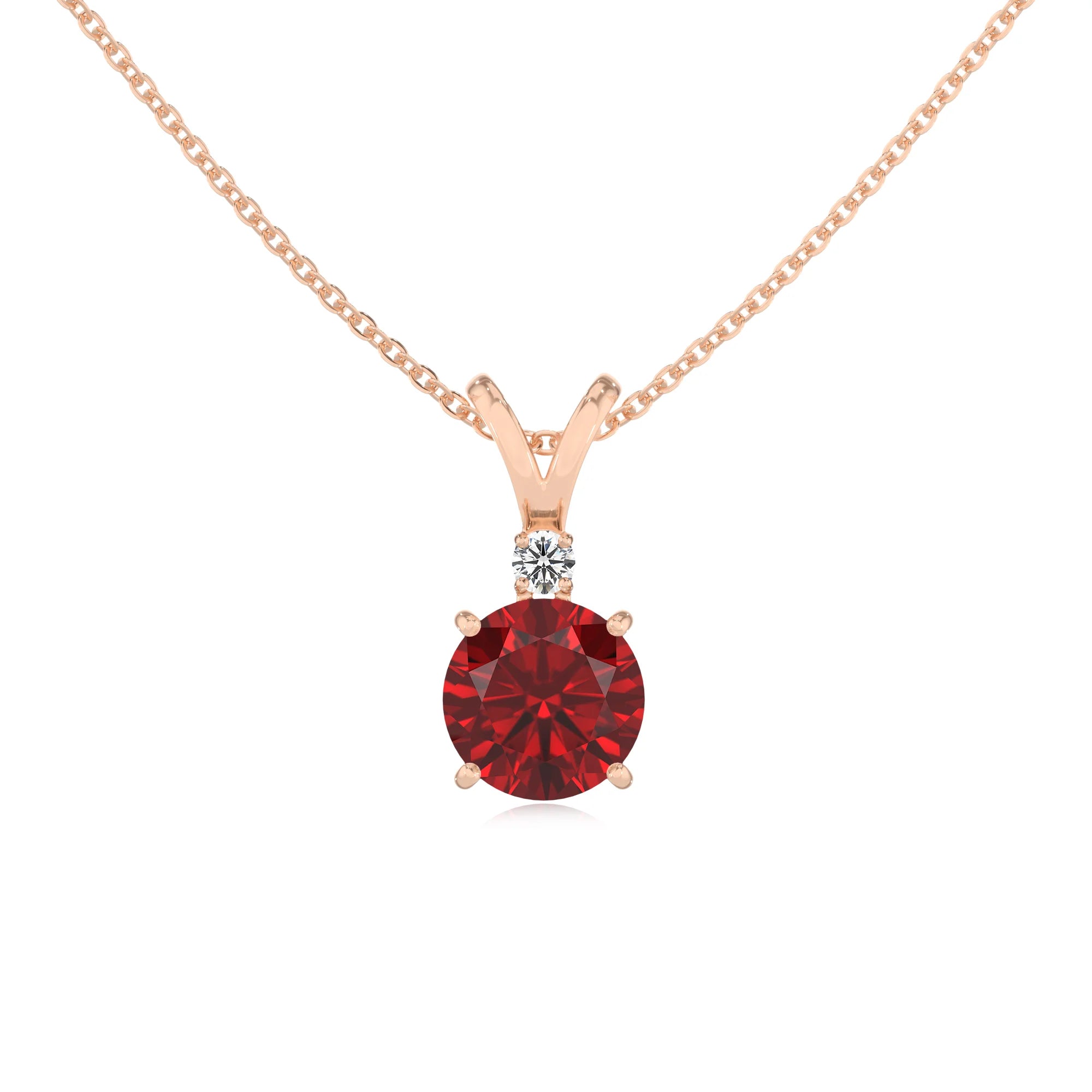 lab grown ruby round solitaire v-bale necklaces in rose gold 