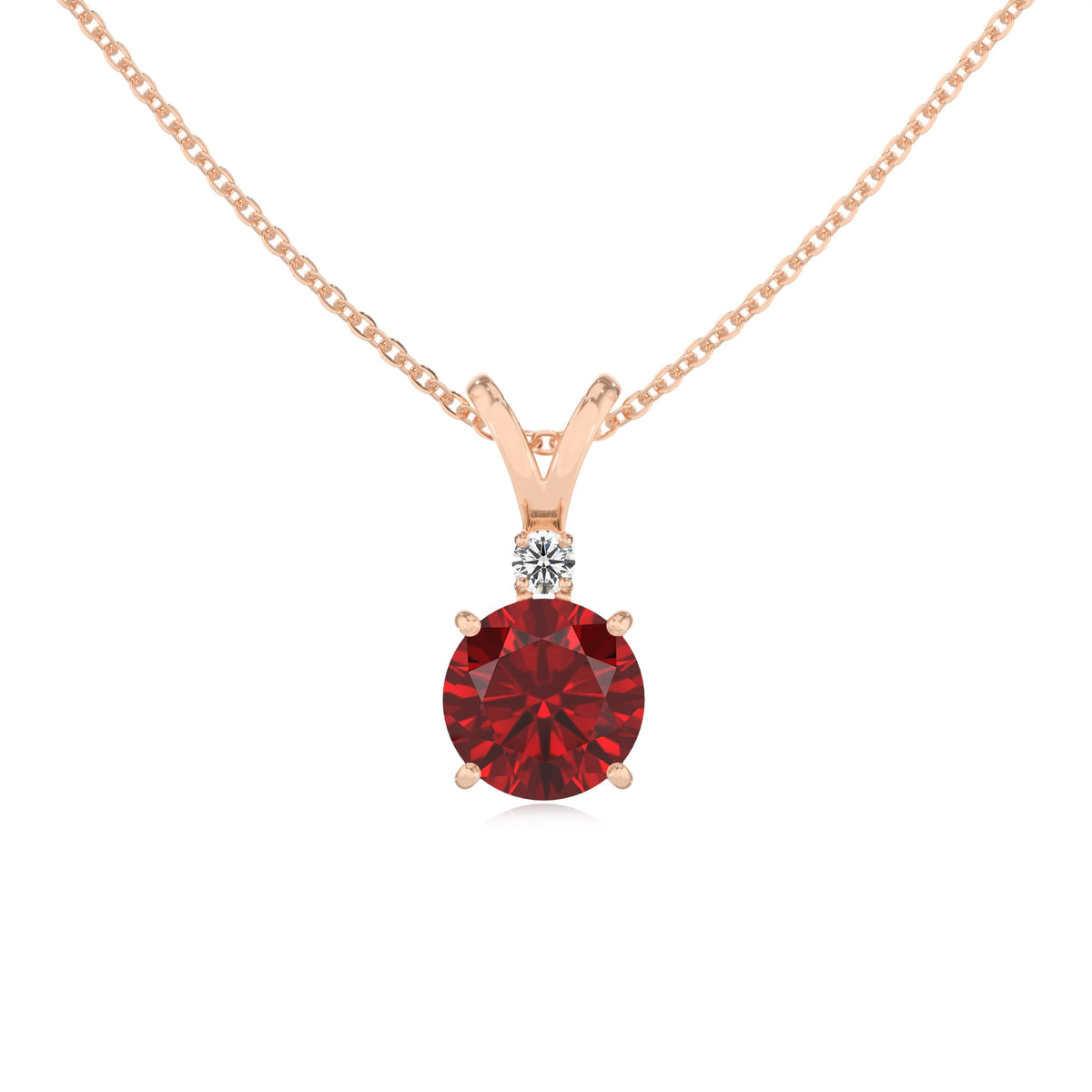 lab grown ruby round solitaire v-bale necklaces in rose gold 
