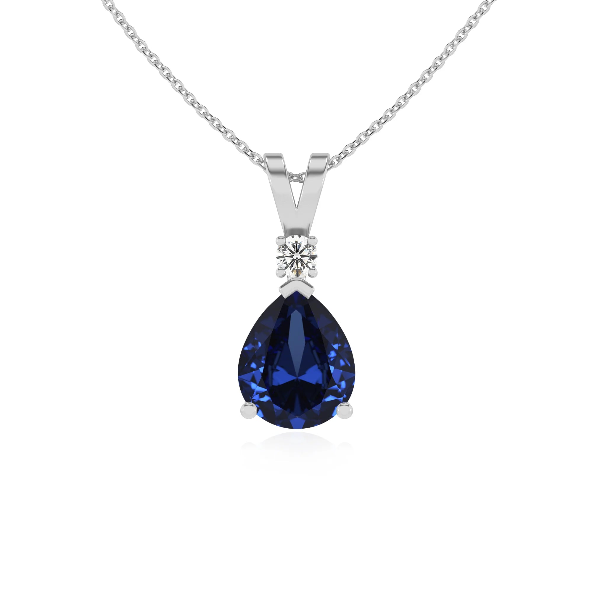 lab grown blue-sapphire pear solitaire v-bale necklaces in platinum 