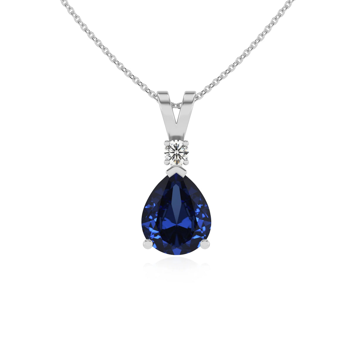 lab grown blue-sapphire pear solitaire v-bale necklaces in platinum 
