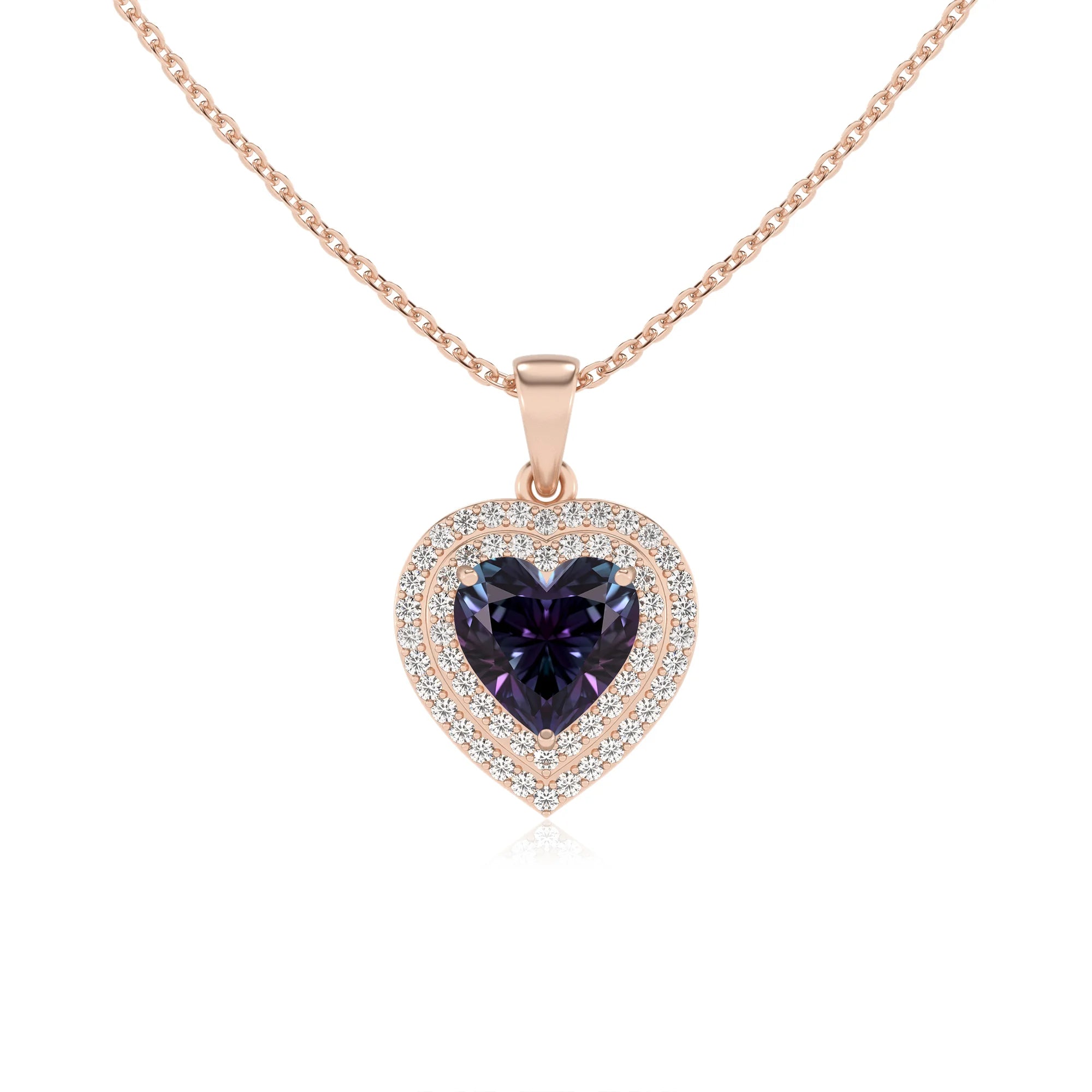 lab grown alexandrite heart halo necklaces in rose gold 