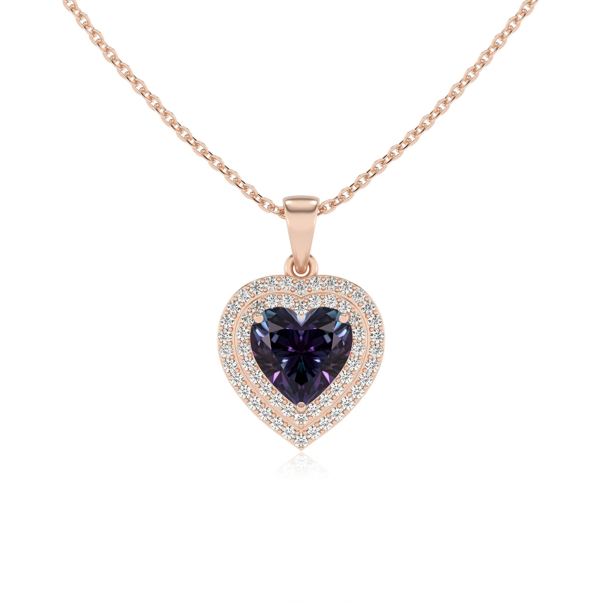 lab grown alexandrite heart halo necklaces in rose gold 