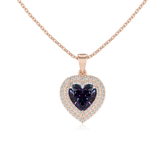 lab grown alexandrite heart halo necklaces in rose gold 