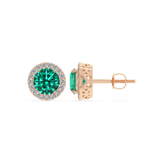 lab grown emerald round stud earrings in rose gold 