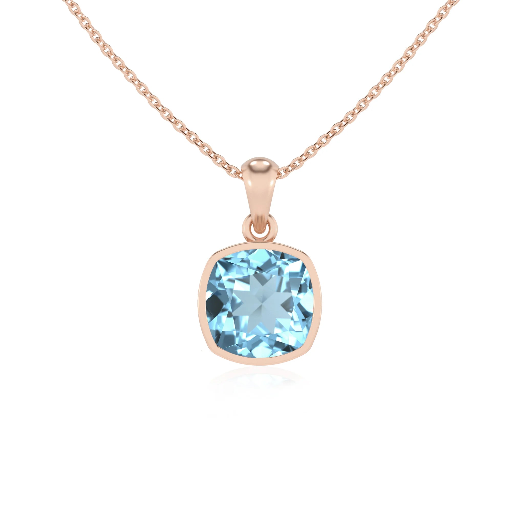 lab grown aquamarine cushion solitaire necklaces in rose gold 