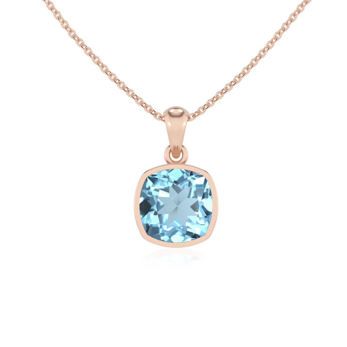 lab grown aquamarine cushion solitaire necklaces in rose gold 