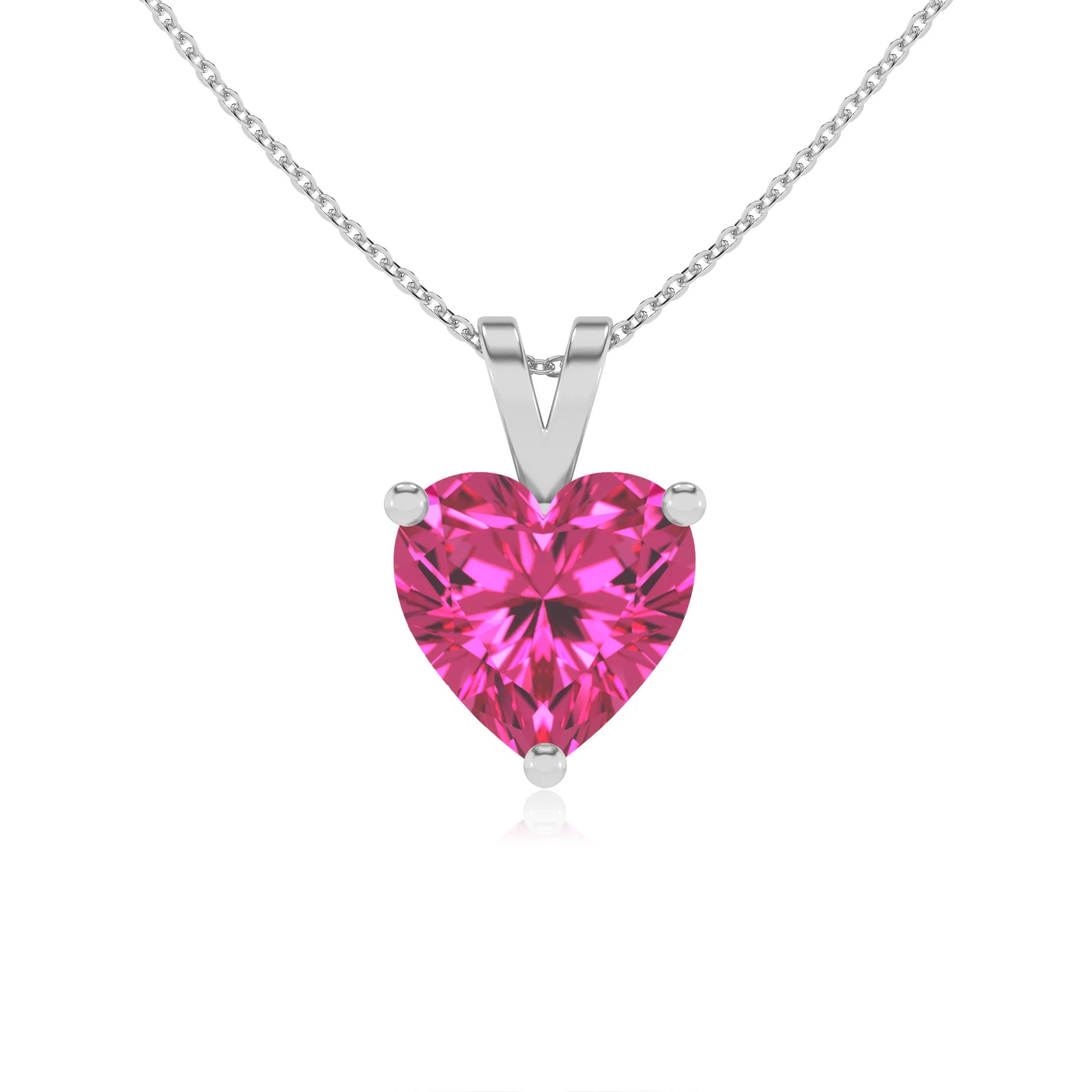 lab grown pink-sapphire heart solitaire v-bale necklaces in platinum 