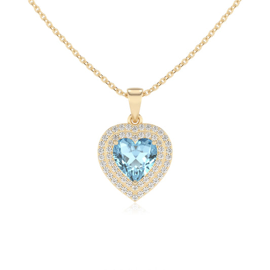lab grown aquamarine heart halo necklaces in yellow gold 
