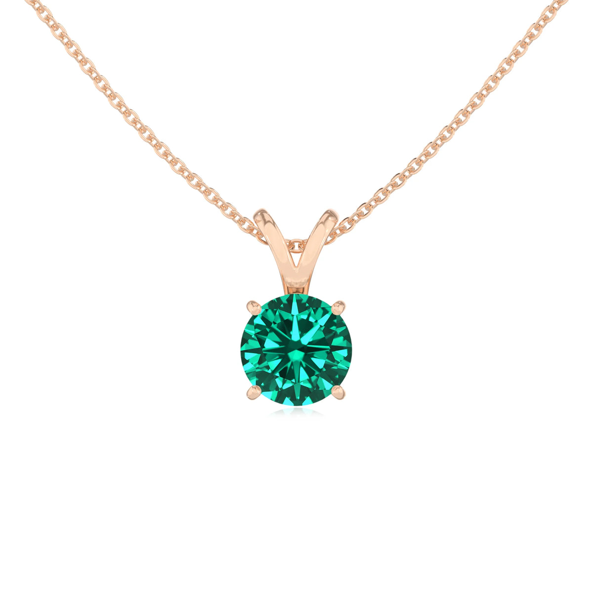 lab grown emerald round solitaire v-bale necklaces in rose gold 