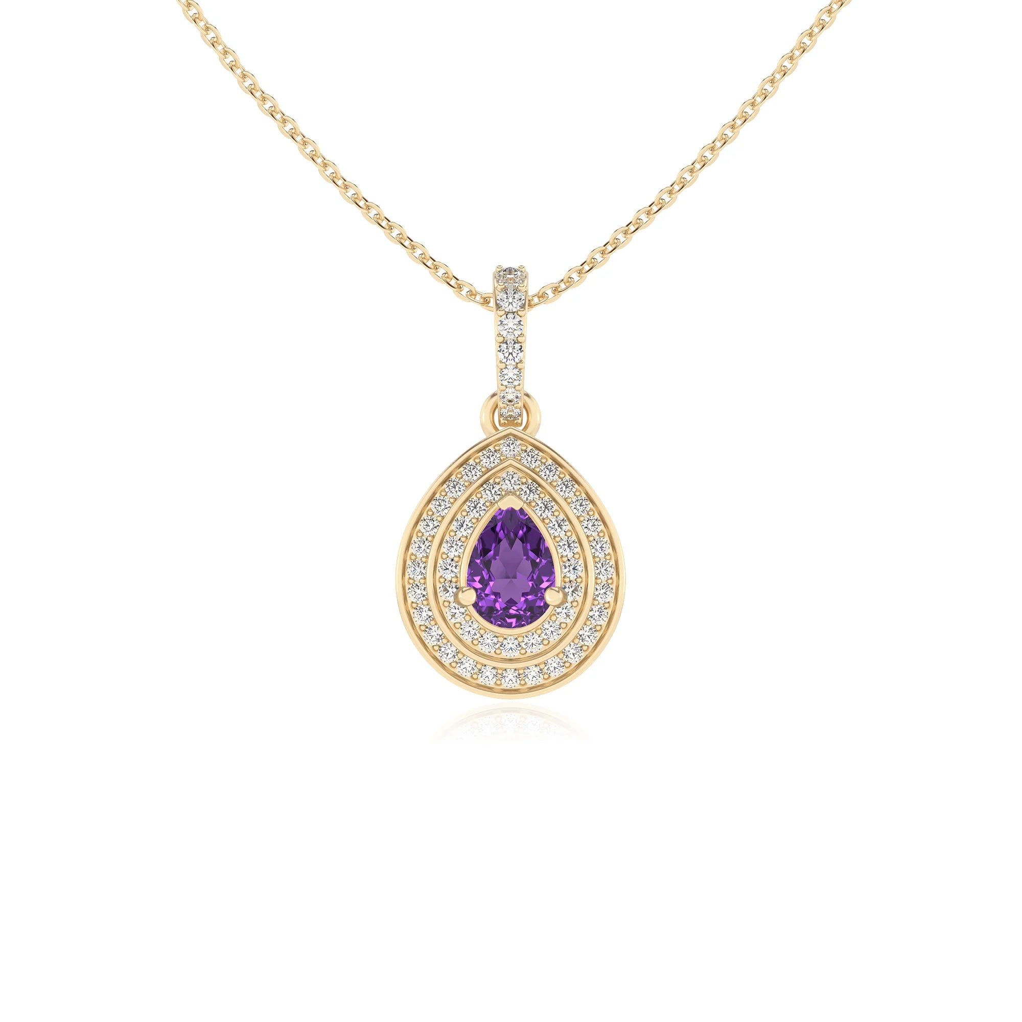 lab grown amethyst pear halo necklaces in yellow gold 