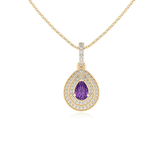 lab grown amethyst pear halo necklaces in yellow gold 