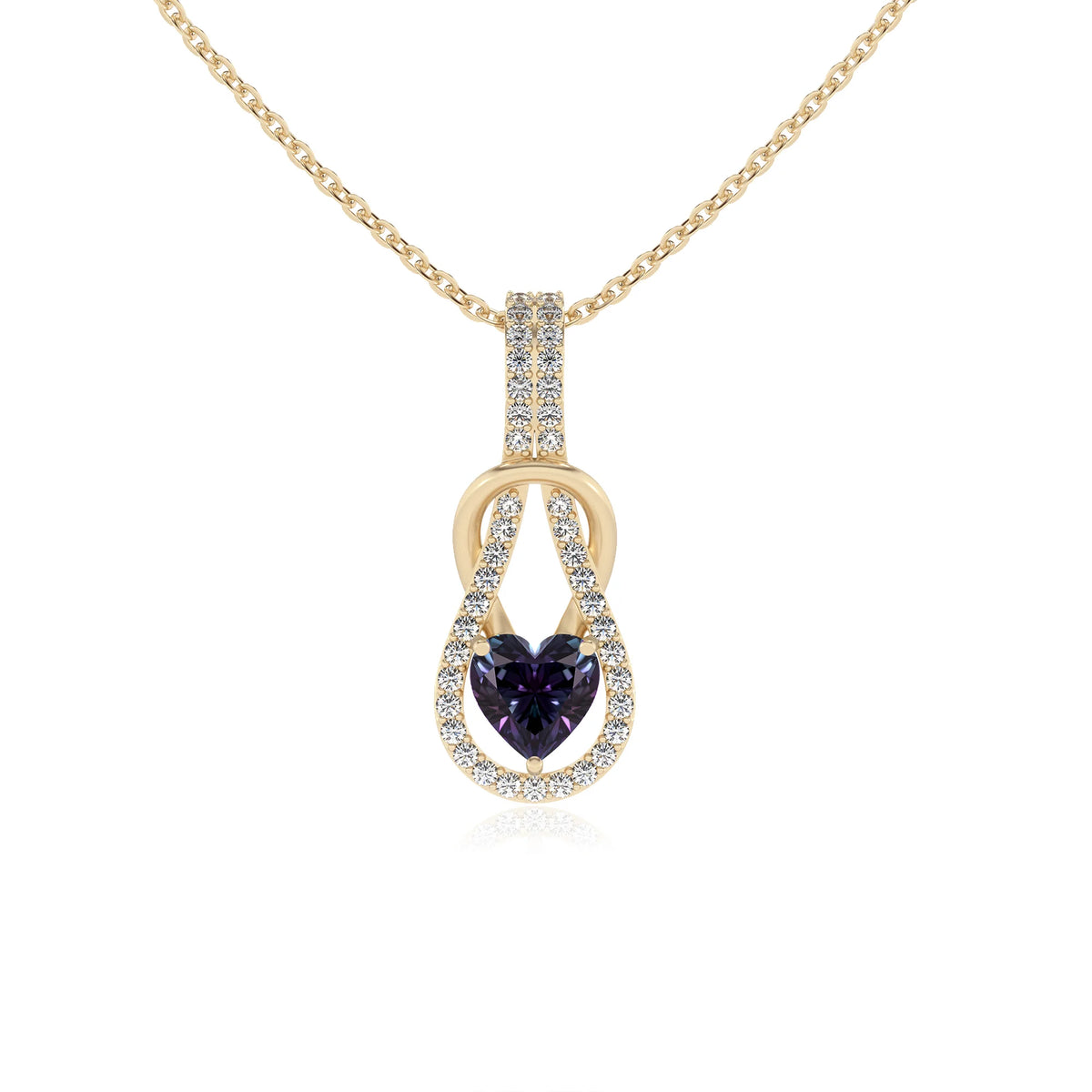 lab grown alexandrite heart infinity  v-bale necklaces in yellow gold 