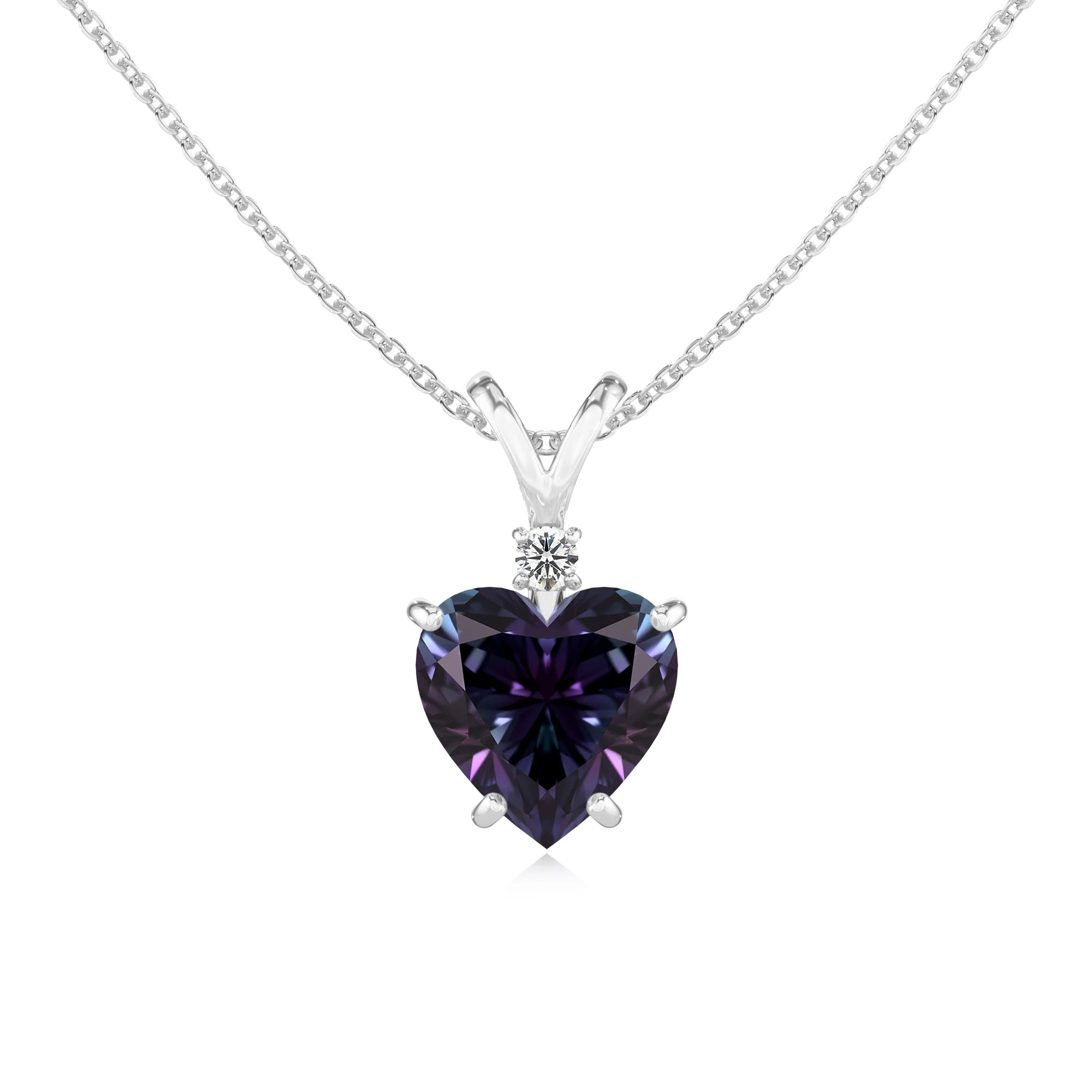 lab grown alexandrite heart solitaire v-bale necklaces in white gold 
