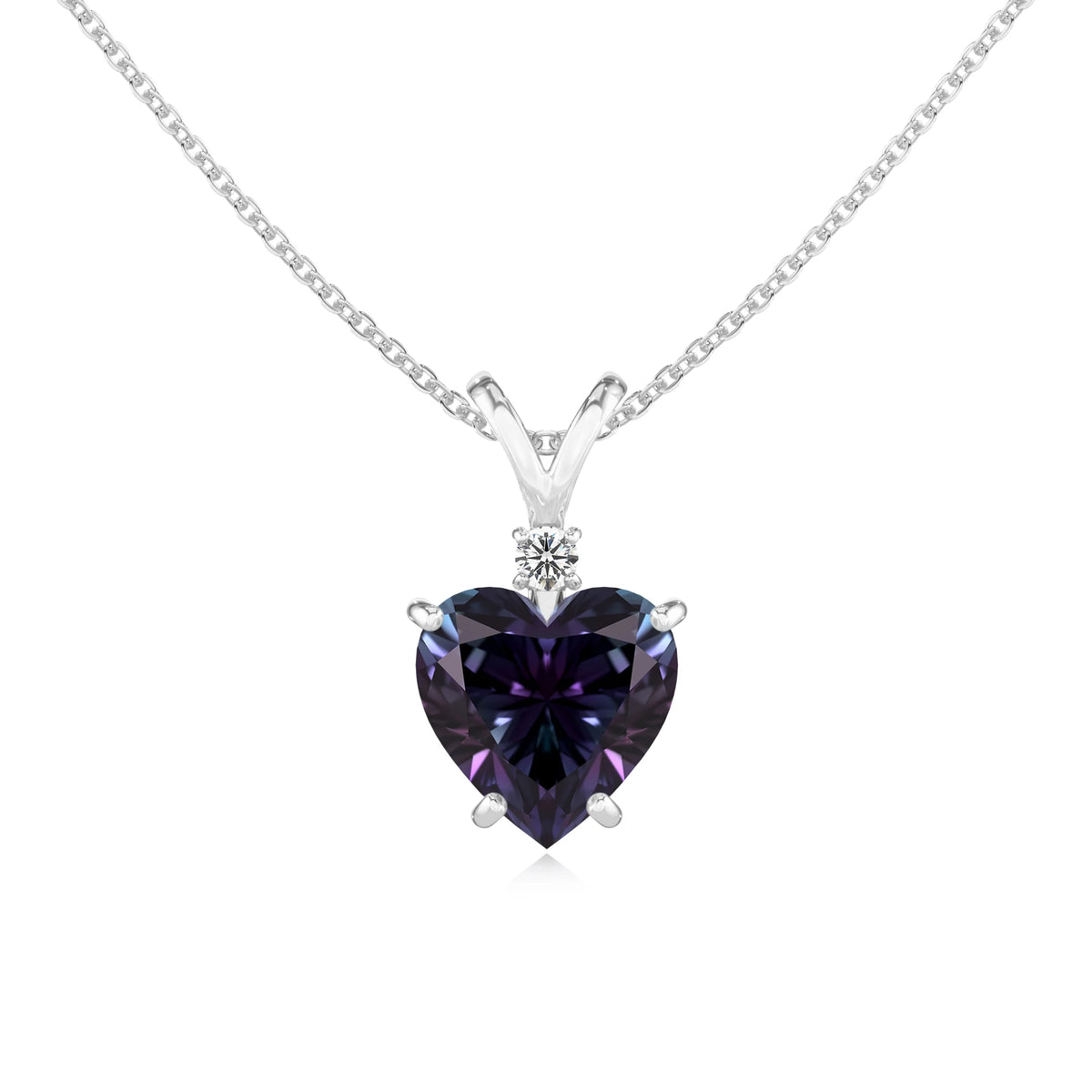 lab grown alexandrite heart solitaire v-bale necklaces in white gold 