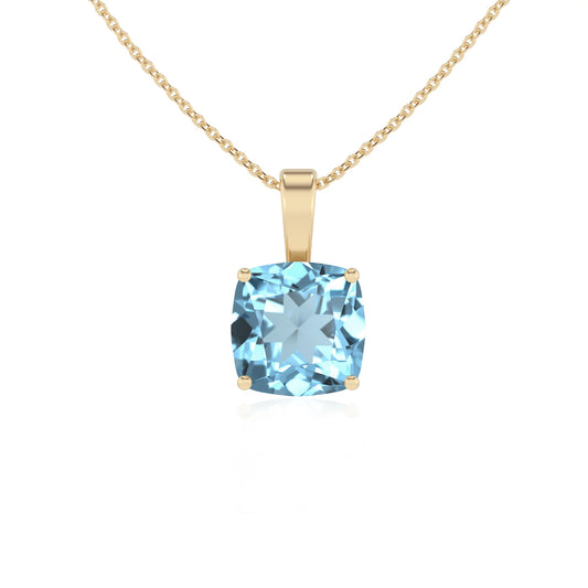 lab grown aquamarine cushion solitaire necklaces in yellow gold 