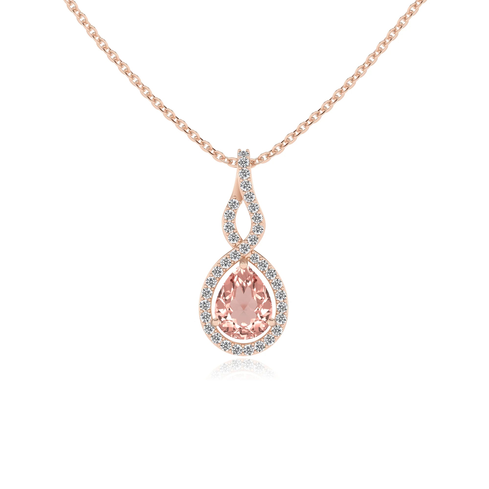lab grown morganite pear necklaces in rose gold 