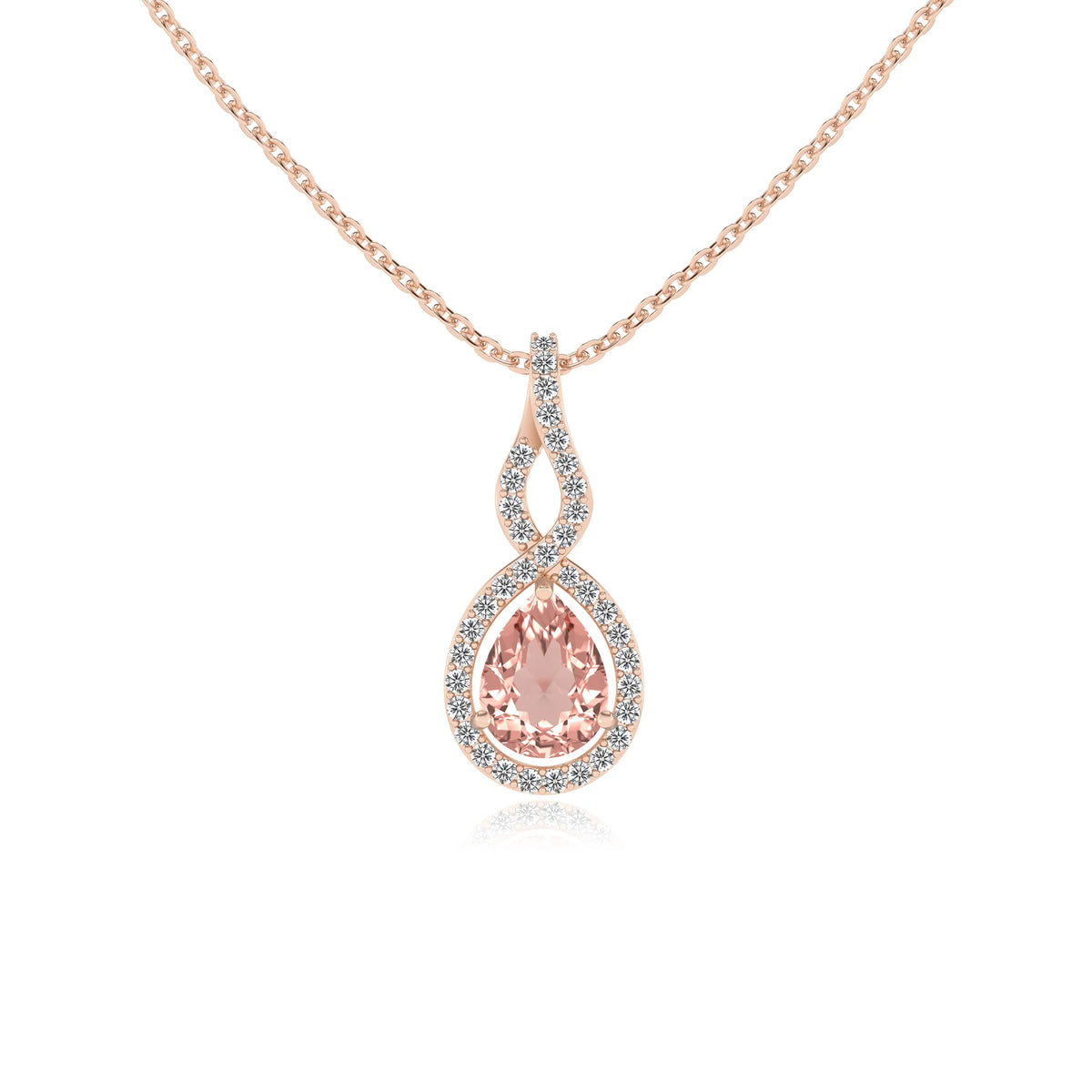 lab grown morganite pear necklaces in rose gold 