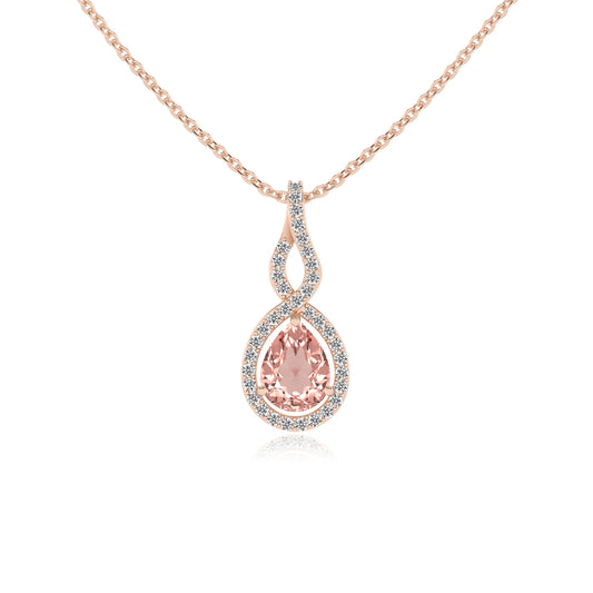 lab grown morganite pear necklaces in rose gold 