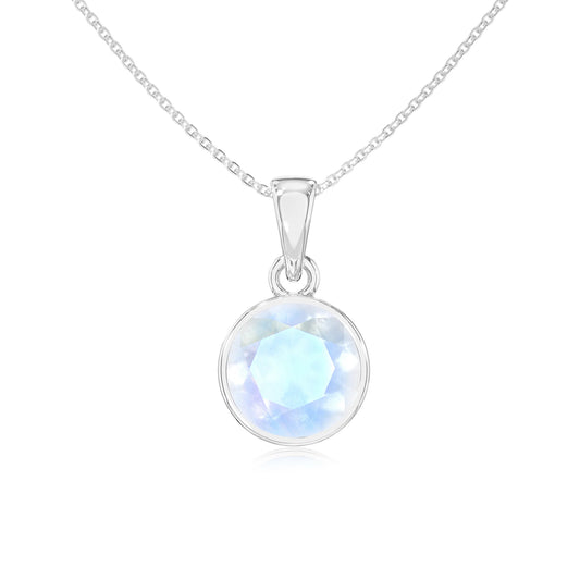 natural rainbow-moonstone round solitaire necklaces in sterling silver 