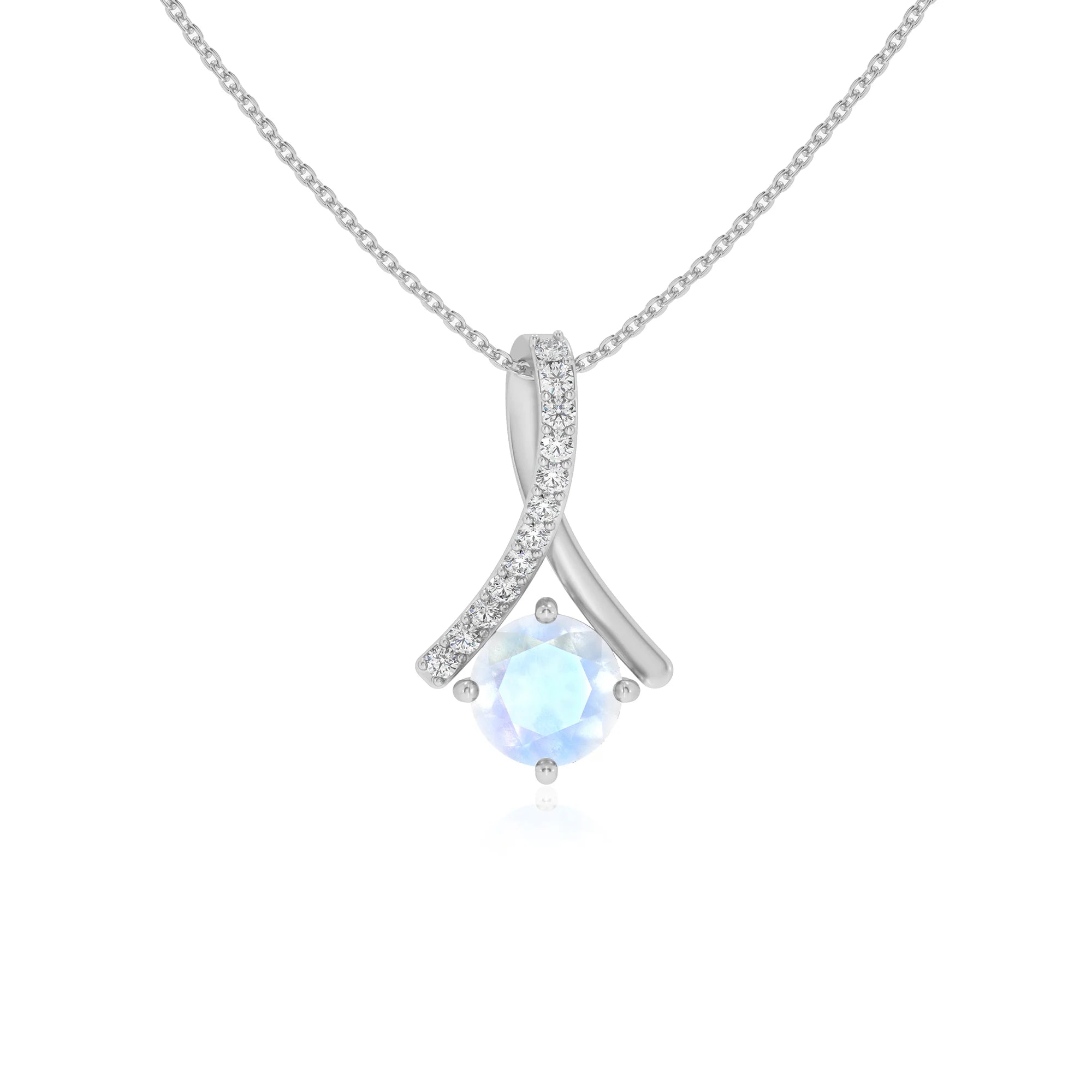 natural rainbow-moonstone round solitaire necklaces in white gold 