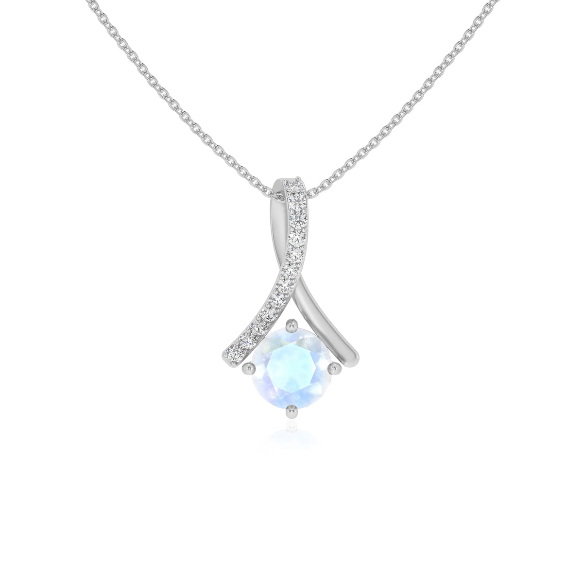 natural rainbow-moonstone round solitaire necklaces in white gold 