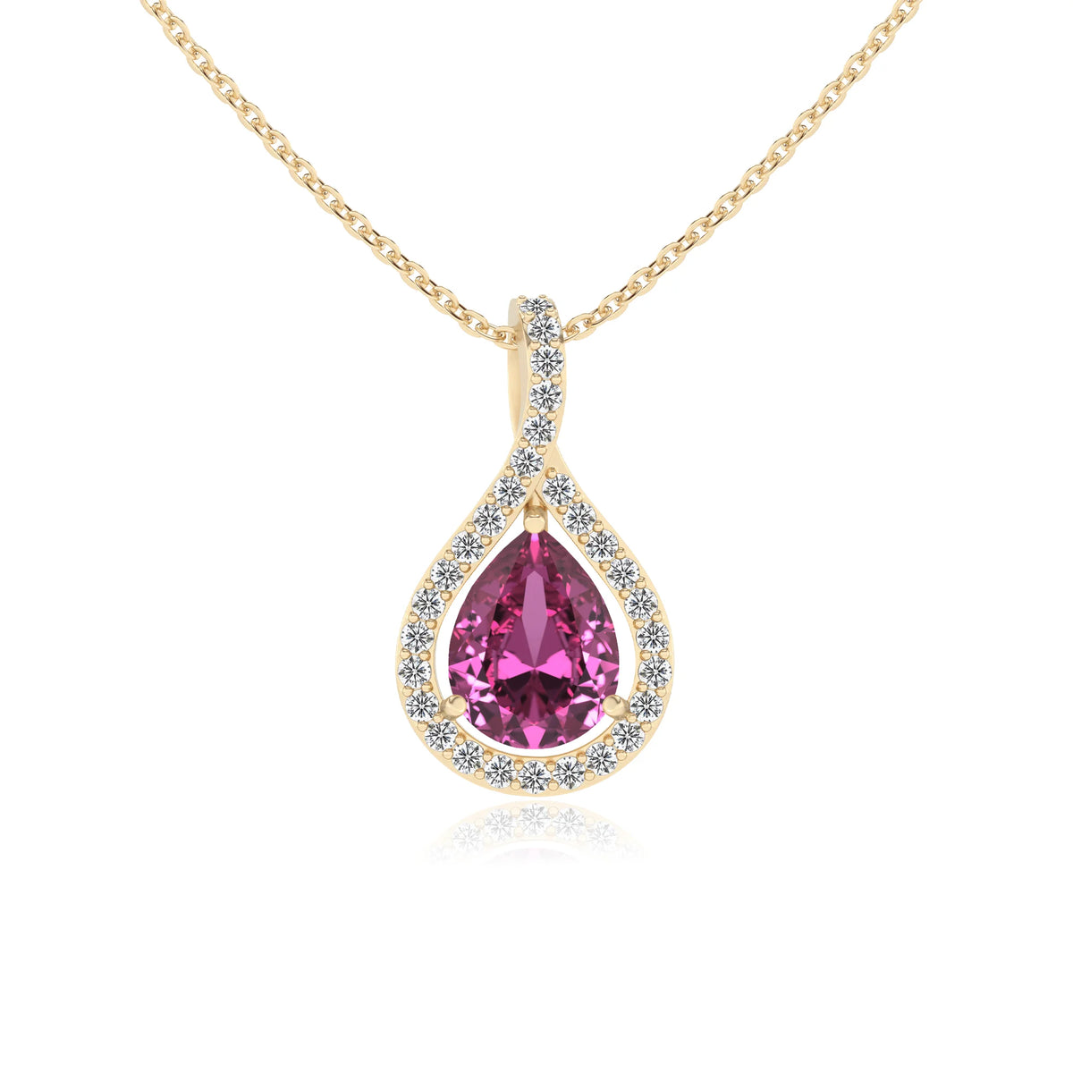 lab grown pink-sapphire pear solitaire necklaces in yellow gold 