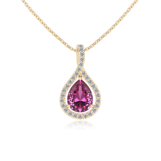 lab grown pink-sapphire pear solitaire necklaces in yellow gold 